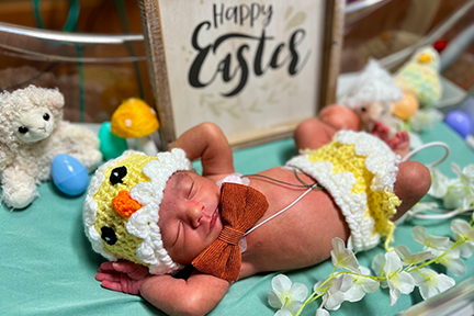 NICU baby wearing knitted baby chick cap